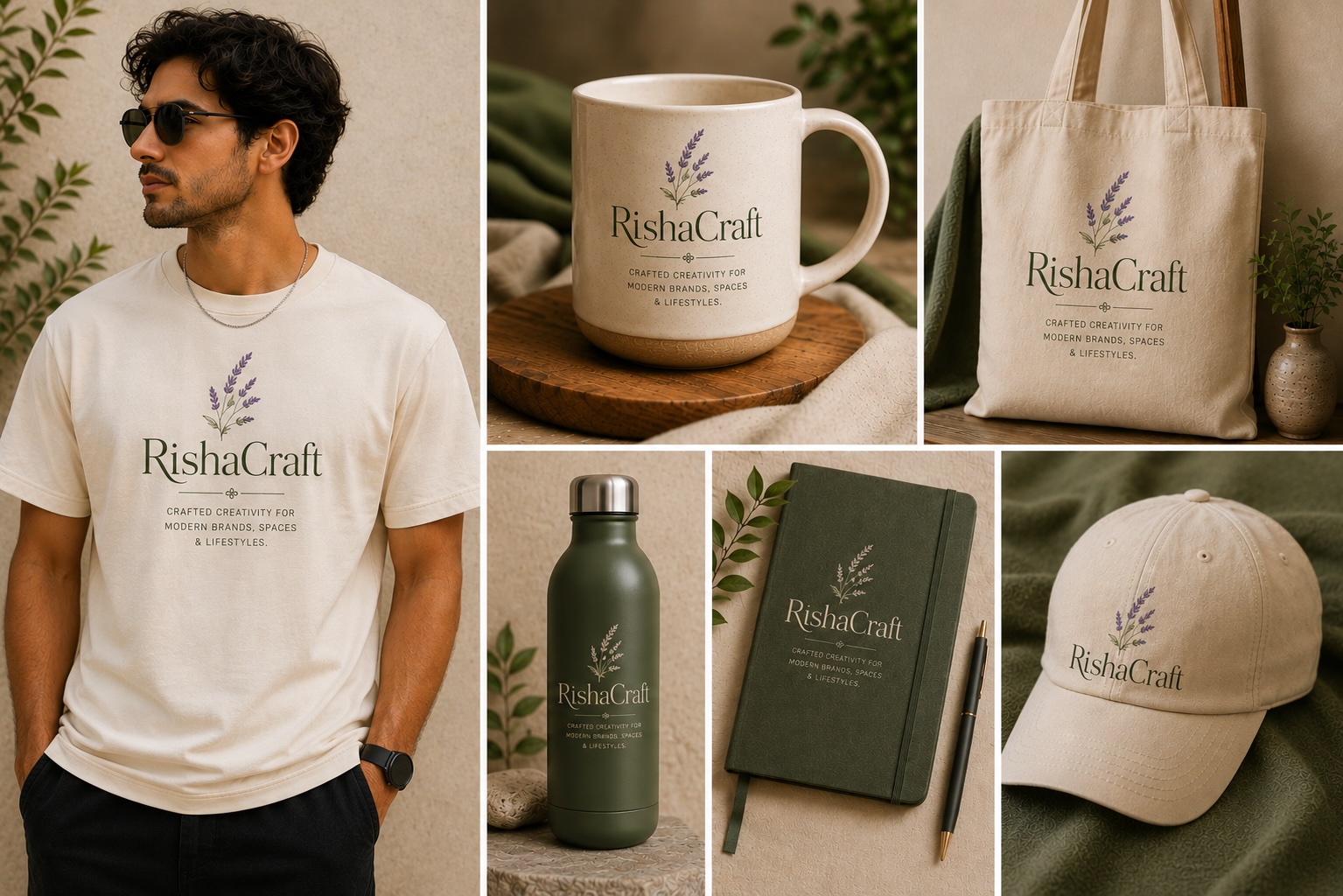 RishaCraft branded merchandise — apparel, drinkware, totes, notebooks and caps.